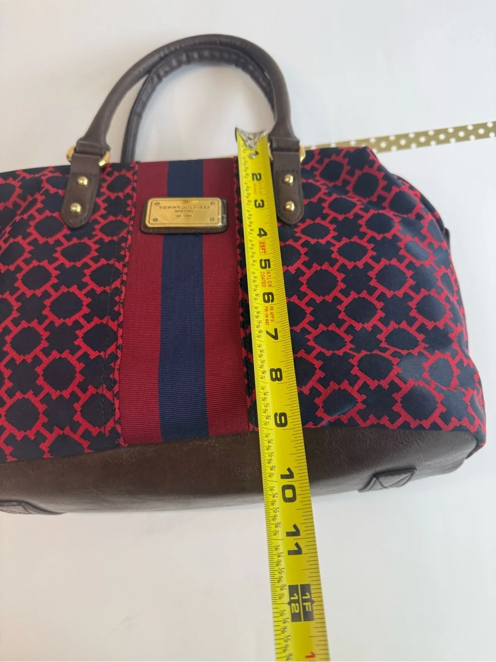 Tommy Hilfiger Nylon Satchel | Red Navy Monogram | Brown Trim